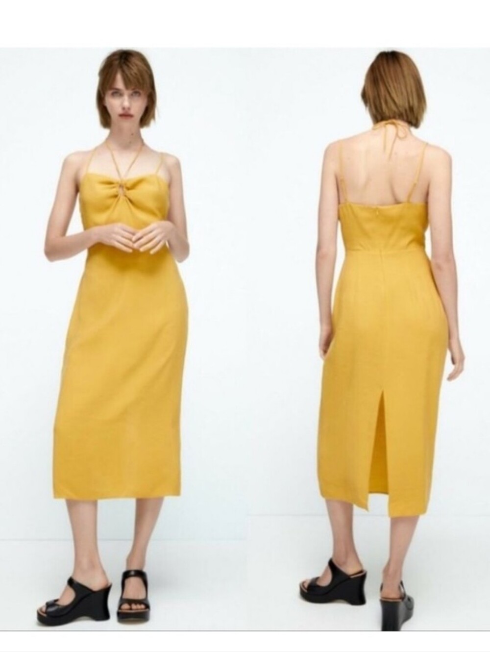 Zara Knot-Front Halter Midi Dress Mustard Fairy Semi-formal Sleeveless Pencil L